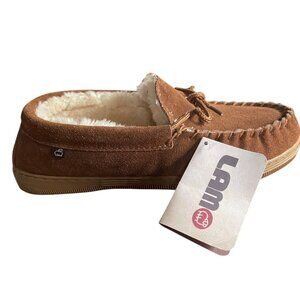 Lamo Lester Mocassin Chestnut Brown Suede Slippers Mens Size 8 Faux Fur Lined